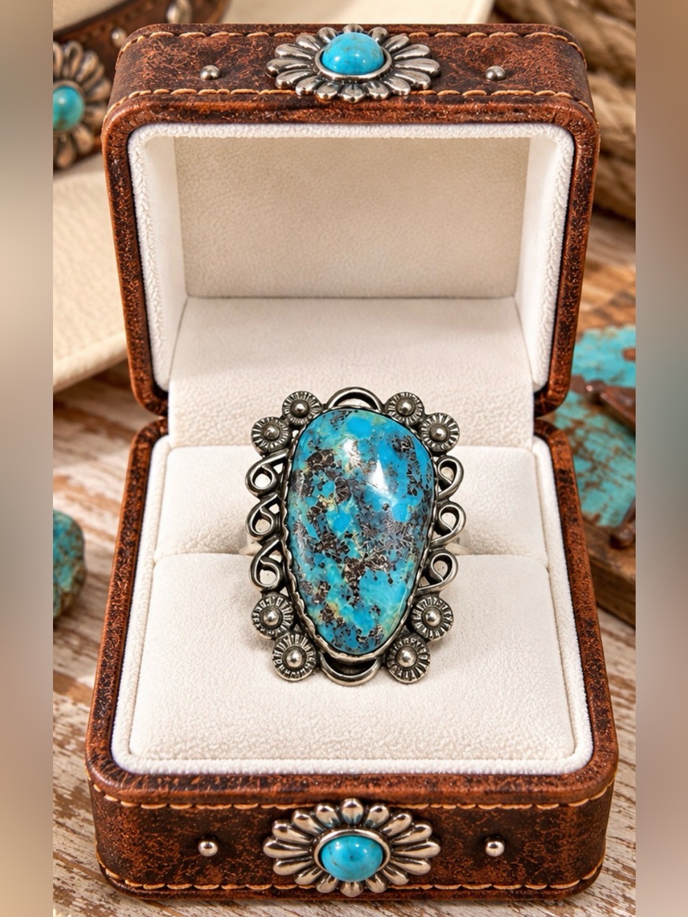 Ring 925 Sterling Silver Genuine Turquoise Statement Southwestern Vintage